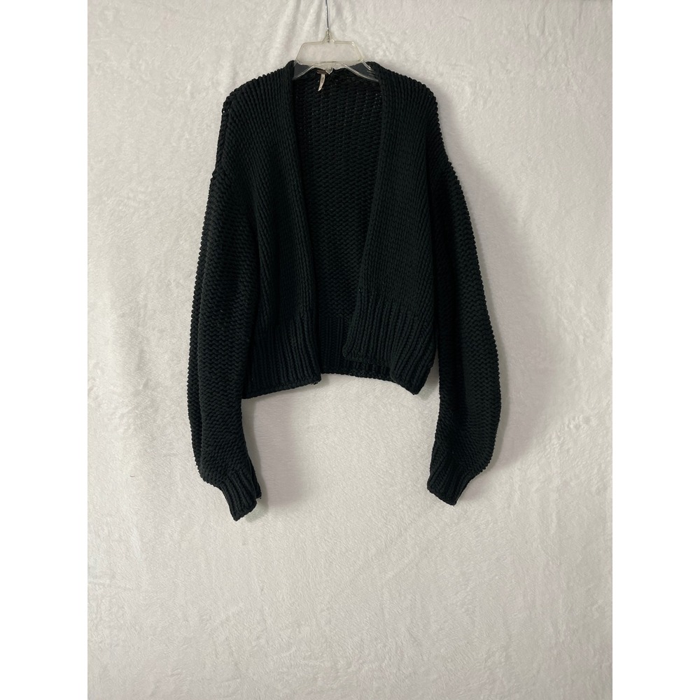 Free People Black Chunky Knit Cropped Cardigan Open Front Sweater Medium